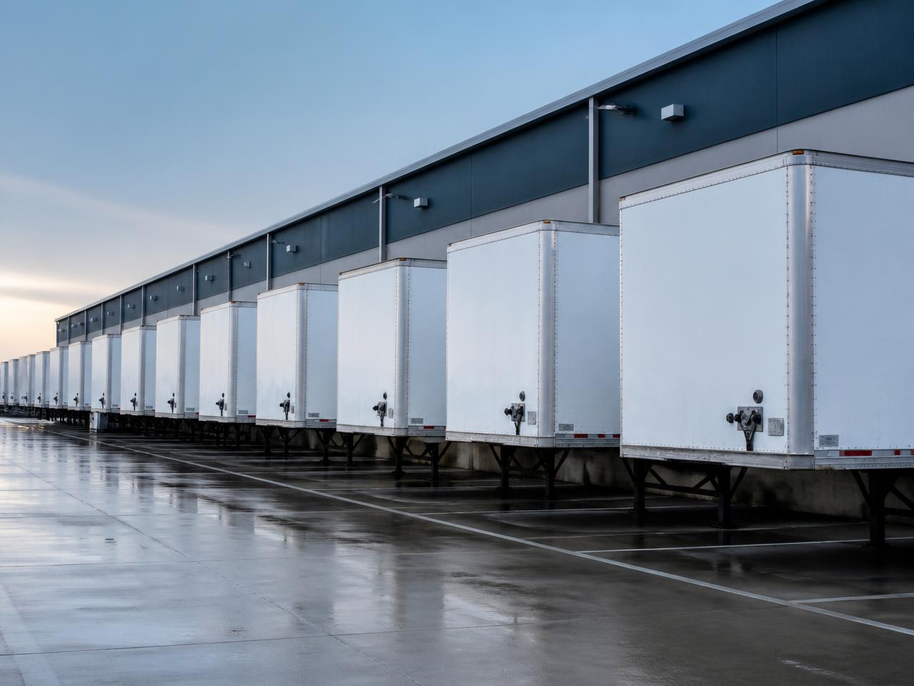 Row of 53-foot dry van trailers lined up at a logistics yard
